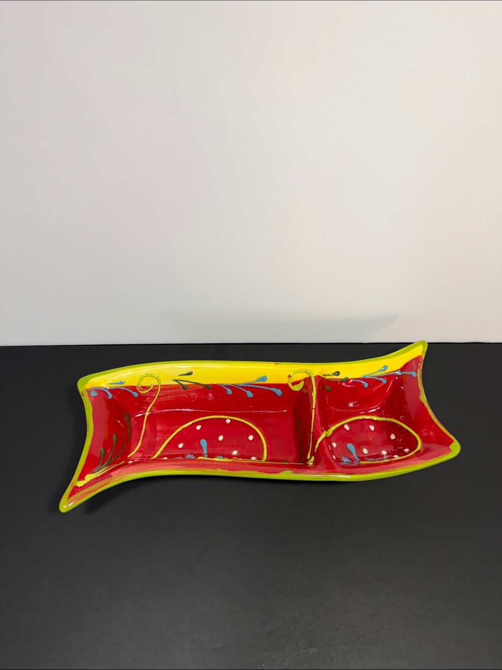 Vintage Antonio J Ortiz Ruiz Spain Ceramic Divided Dish Handpainted Folk Art